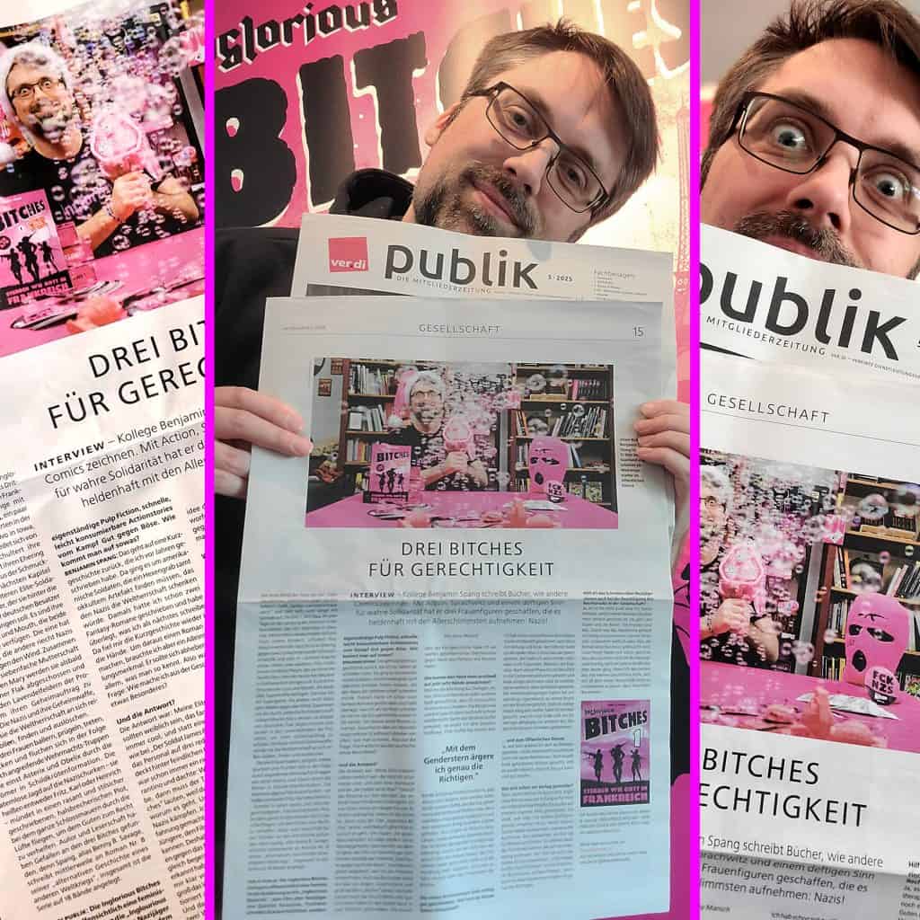 Foto: Autor Benjamin Spang mit dem Zeitungsartikel über seine Romanserie "Inglorious Bitches" in Ausgabe 5/2025 von Verdi Publik.